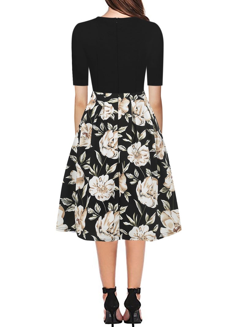 oxiuly Women's Vintage Patchwork Pockets Puffy Swing Casual Party Dress OX165 (Black Khaki, xx_l) - Image 2